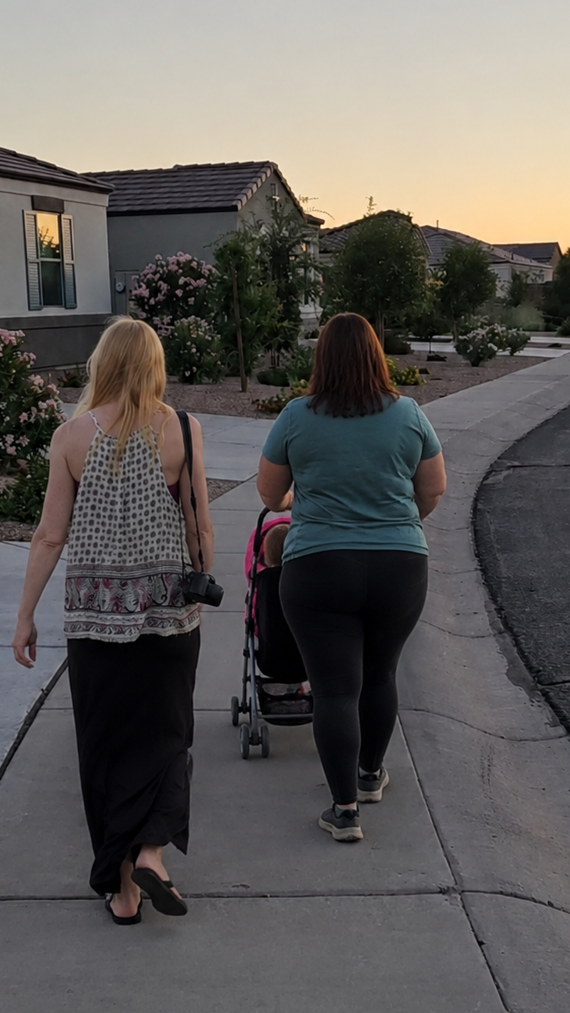 A morning walk with my daughter and the baby during our first long stay, help after the baby's born.