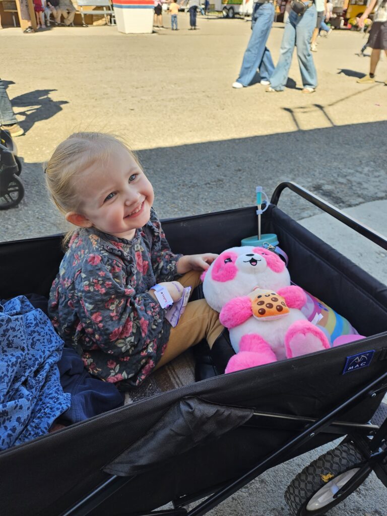 A toddler riding in a wagon at the end of her first carnival day.